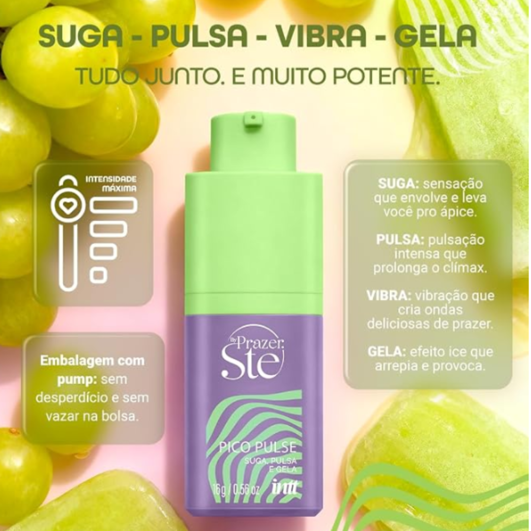 Quatro sensações. Um único produto.

O Pico Pulse Uva Verde é para quem procura um excitante sensorial realmente intenso. Sua fórmula foi desenvolvida para despertar diferentes estímulos e entregar 4 sensações em um único produto: suga, pulsa, vibra e gela.

E é justamente essa combinação que faz do Pico Pulse uma das experiências mais intensas da seleção Libertàre.

Com aroma e sabor de Uva Verde, ele combina uma sensação refrescante com estímulos progressivos.
